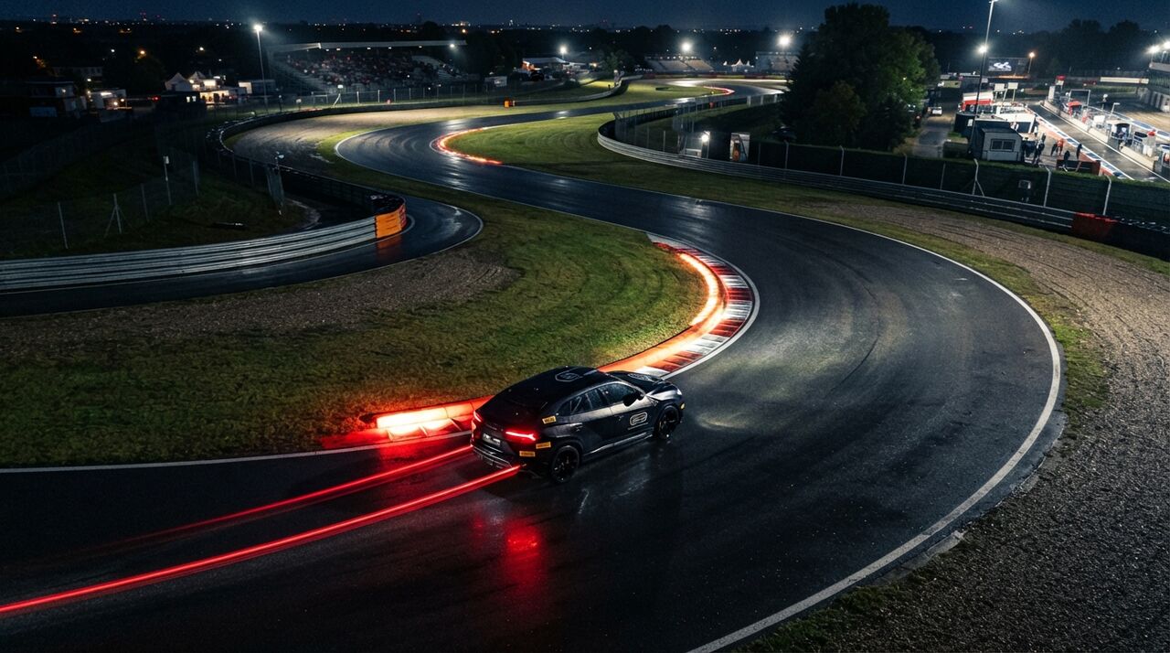Lamborghini Urus escuro contornando uma curva de autódromo à noite, com rastros de luz vermelha