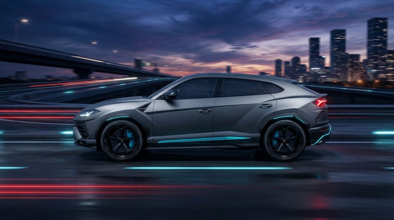 Lamborghini Urus cinza numa avenida à noite, com prédios iluminados ao fundo
